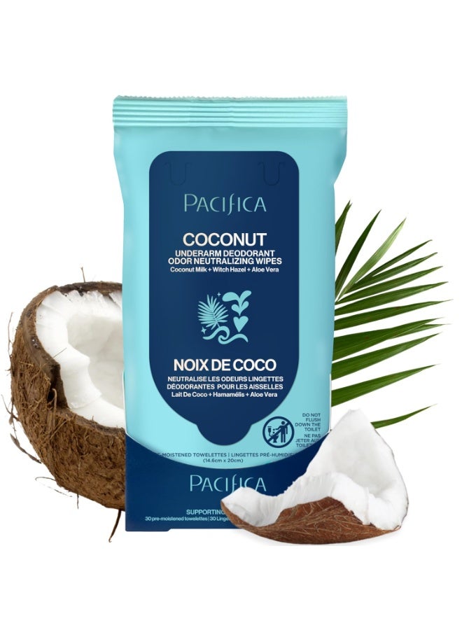 Pacifica Beauty, Coconut Milk & Essential Oils Underarm Deodorant Wipes, 30 Count, Remove Odor On-The-Go, Aluminum Free, Travel Friendly, Fresh Coconut Scent, Vegan and Cruelty Free